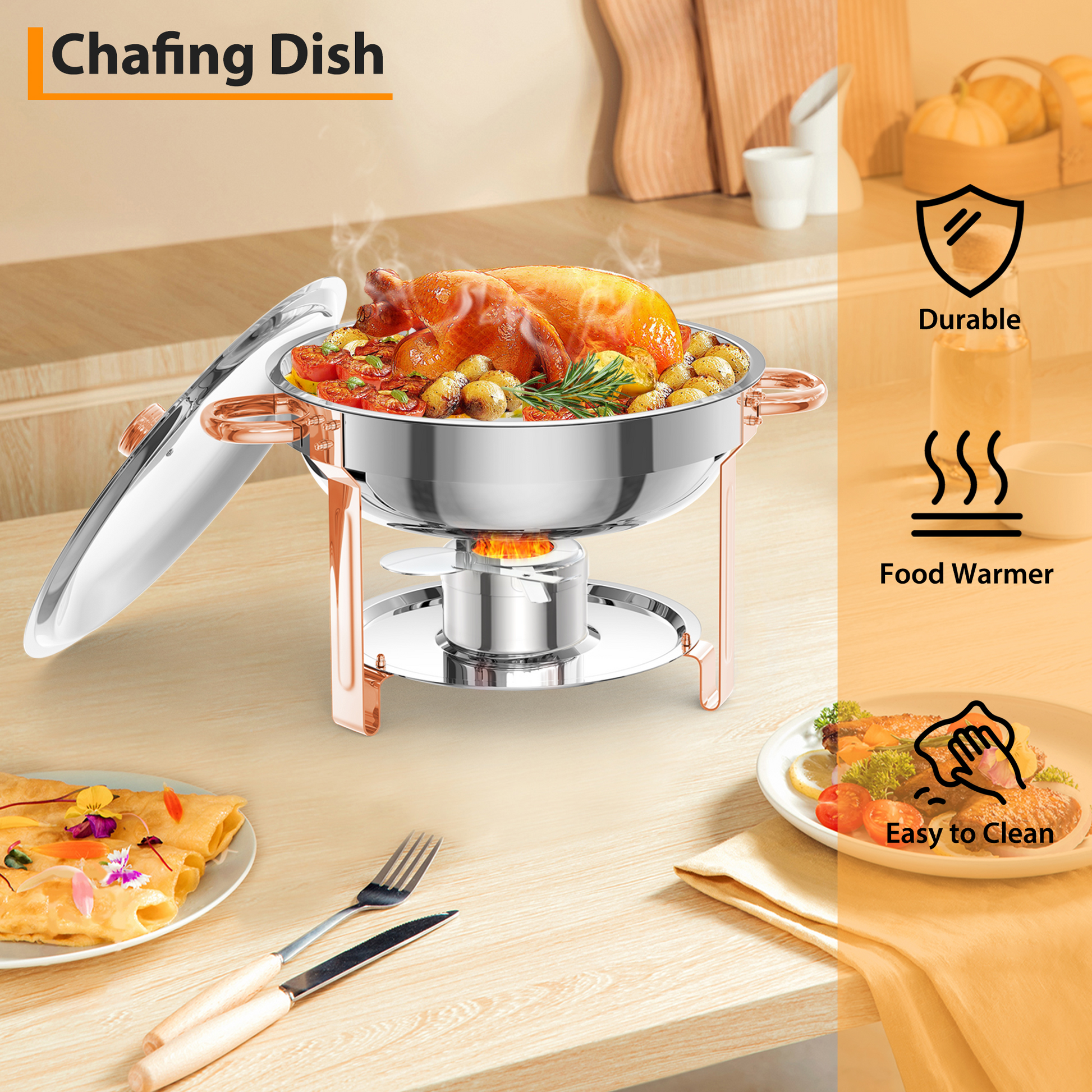 Garvee 5QT Round Chafing Dish Buffet Set (6 Pack) - Rose Gold Stainless Steel Food Warmers with Lid Holder, Spoon, and Tweezers, Perfect for Parties, Weddings, Events, and Banquets