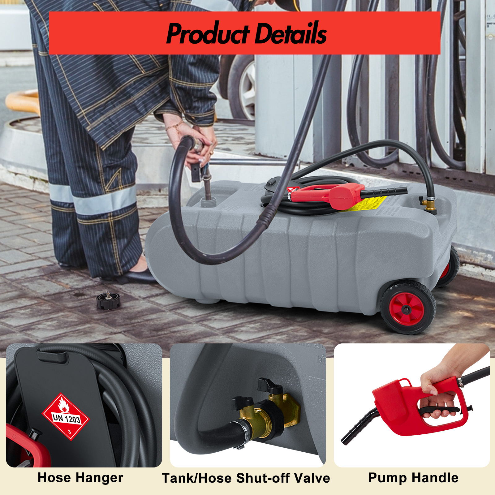 Garvee 15 Gallon Portable Fuel Caddy, 10-ft hose, siphon pump, 7.5 L/min manual nozzle, diesel/gasoline tank - Gray