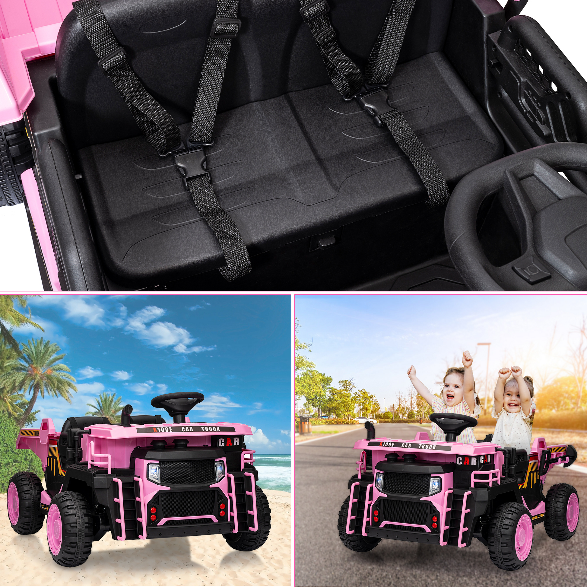 Garvee 24V 2-Seater Ride On Dump Truck for Kids – Remote Control, 2WD/4WD Powerful Electric Construction Vehicle, Dump Bed & Shovel, EVA Tires, Music, LED Lights, Gentle Start, 19" Spacious Seat, Ages 4-8, Pink