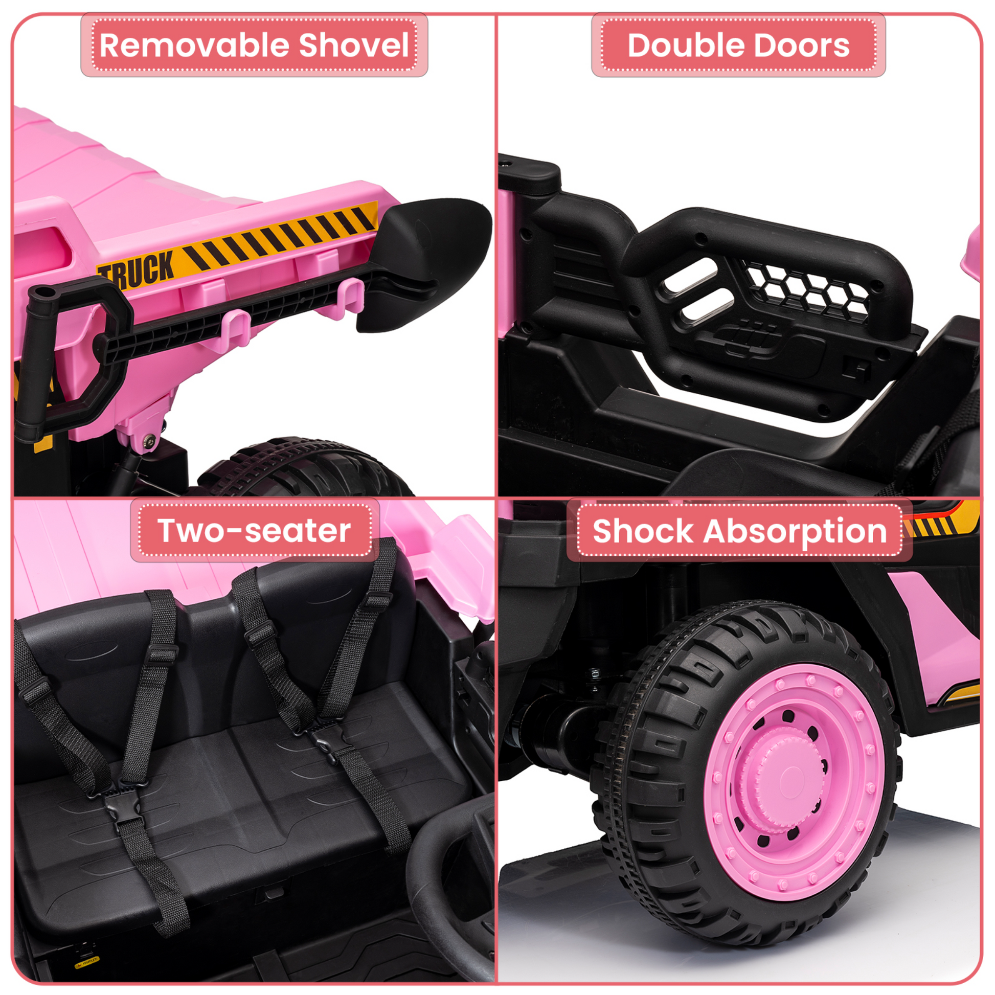 Garvee 24V 2-Seater Ride On Dump Truck for Kids – Remote Control, 2WD/4WD Powerful Electric Construction Vehicle, Dump Bed & Shovel, EVA Tires, Music, LED Lights, Gentle Start, 19" Spacious Seat, Ages 4-8, Pink