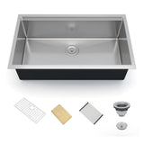 Garvee 33x19 Inch Undermount Single Bowl Kitchen Sink with Drain Ledge, 1.35mm 304 Stainless Steel, Complete Set with Bamboo Board and Dish Drain Rack, Modern Kitchen - Silver