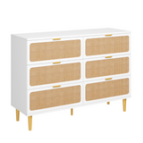 Garvee Spacious Rattan 6 Drawer Dresser - Large Double Chest, Deep Storage, Wide Top, Wooden Entryway Organizer for Bedroom, Living Room, Hallway, Kids Room - White Cabinet - White Cabinet