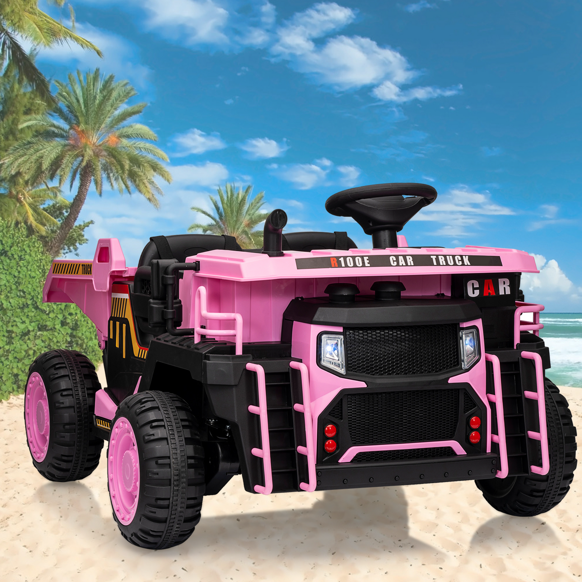 Garvee 24V 2-Seater Ride On Dump Truck for Kids – Remote Control, 2WD/4WD Powerful Electric Construction Vehicle, Dump Bed & Shovel, EVA Tires, Music, LED Lights, Gentle Start, 19" Spacious Seat, Ages 4-8, Pink