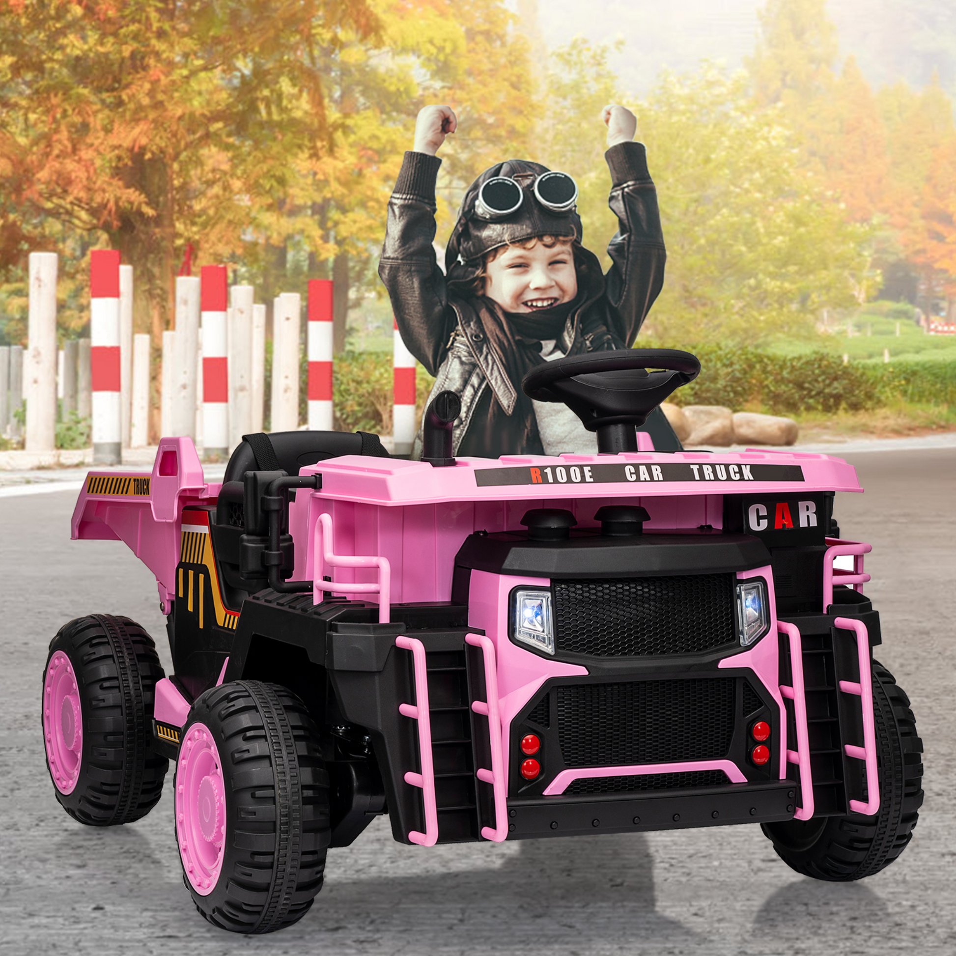 Garvee 24V 2-Seater Ride On Dump Truck for Kids – Remote Control, 2WD/4WD Powerful Electric Construction Vehicle, Dump Bed & Shovel, EVA Tires, Music, LED Lights, Gentle Start, 19" Spacious Seat, Ages 4-8, Pink