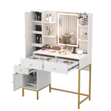 Garvee Makeup Vanity and Stool with Lights, Charging Station, Jewelry Storage, White, 43.3x15.75x53.5 in - White+Golden
