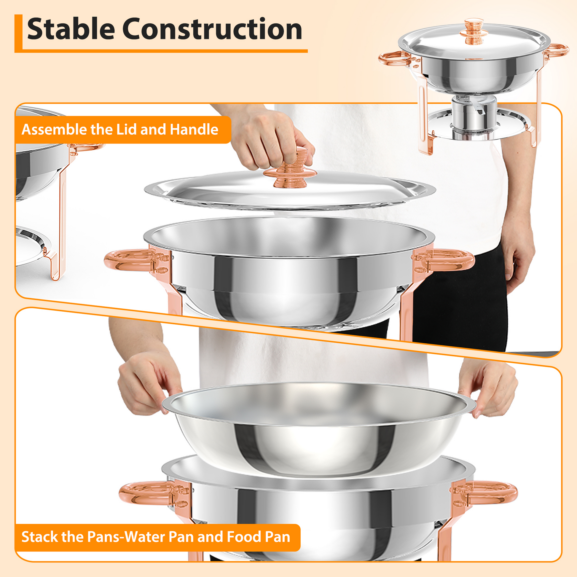 Garvee 5QT Round Chafing Dish Buffet Set (6 Pack) - Rose Gold Stainless Steel Food Warmers with Lid Holder, Spoon, and Tweezers, Perfect for Parties, Weddings, Events, and Banquets
