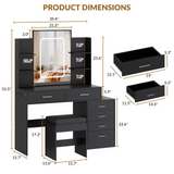 Garvee Makeup Vanity With Mirror And Lights, 6 Drawers, Charging Station, Stool, Adjustable Lighting, Black - Black