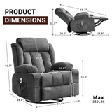 Garvee Rocker Recliner Chair with Heat and Massage, Manual Recliner 360° Swivel Oversized Chairs for Adults, Lazy Boy Single Sofa Seat with 3 Positions, 2 Side Pockets, Cup Holders, and USB Ports - Grey