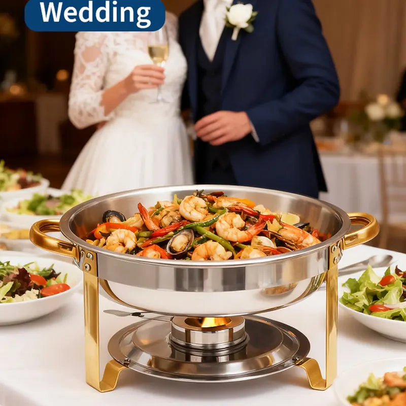 Garvee Chafing Dish for Buffet 4 Pack, 5QT Round Chafing Dishes Buffet Set w/Lid Holder, Stainless Steel Chafers and Food Warmers with Spoon and Tweezers for Parties, Weddings, Events, Banquet, Gold