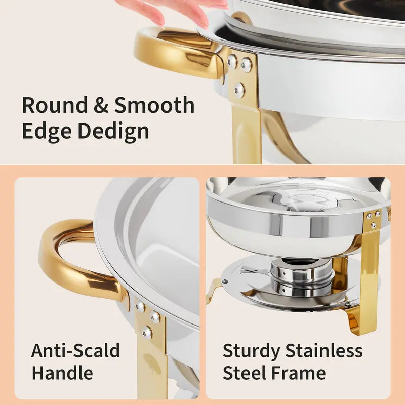 Garvee Chafing Dish for Buffet 4 Pack, 5QT Round Chafing Dishes Buffet Set w/Lid Holder, Stainless Steel Chafers and Food Warmers with Spoon and Tweezers for Parties, Weddings, Events, Banquet, Gold