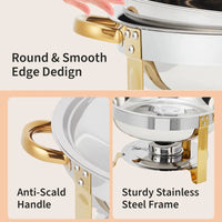 Garvee Chafing Dish for Buffet 4 Pack, 5QT Round Chafing Dishes Buffet Set w/Lid Holder, Stainless Steel Chafers and Food Warmers with Spoon and Tweezers for Parties, Weddings, Events, Banquet, Gold