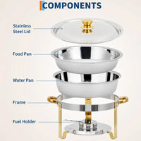 Garvee Chafing Dish for Buffet 4 Pack, 5QT Round Chafing Dishes Buffet Set w/Lid Holder, Stainless Steel Chafers and Food Warmers with Spoon and Tweezers for Parties, Weddings, Events, Banquet, Gold